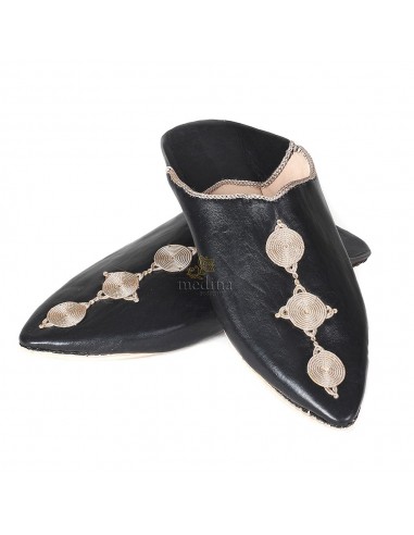 Babouche de Fez  bout pointu noir et broderies de soie