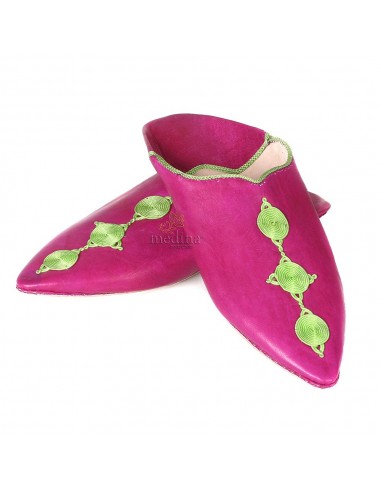 Babouche de Fez rose  bout pointu en cuir vritable et broderies de soie