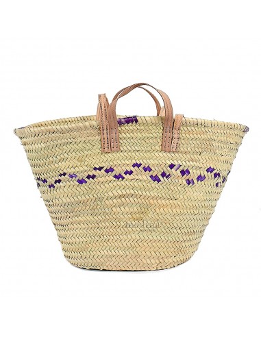Panier marocain avec poignes en cuir naturel et liseret violet