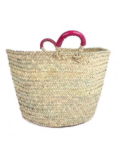 Panier marocain avec poignes en cuir fuchsia