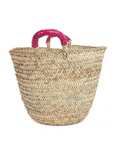 Panier marocain avec grosse poignes en cuir fuchsia