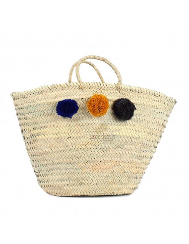 Panier marocain design avec poignes en corde tresse et pompons bleu or et noir