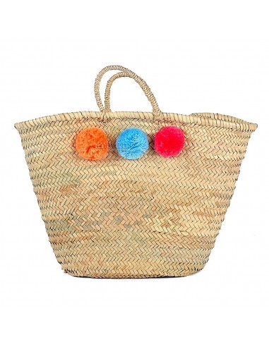 Panier marocain design avec poignes en corde trsse et pompons orange turquoise et rouge