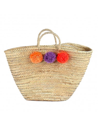 Panier marocain design avec poignes en corde trsse et pompons orange violet et rouge