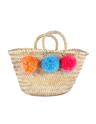 Panier marocain design avec poignes en corde trsse et pompons orange bleu et rose