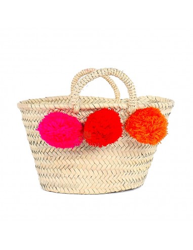 Panier marocain design avec poignes en corde trsse et pompons fushia rouge et orange