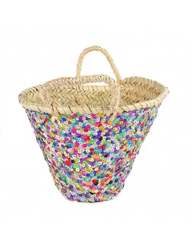 Panier marocain design avec poignes en corde trsse dcor de paillettes multicolores