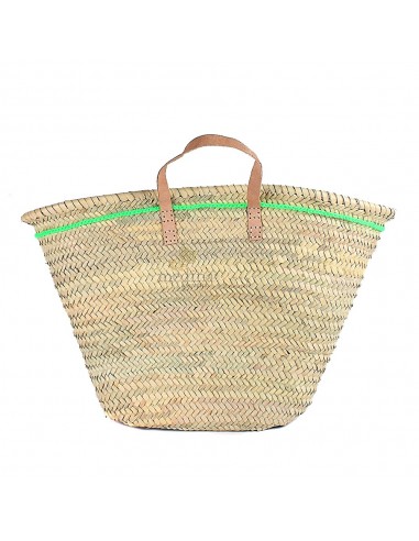 Panier marocain avec poignes plates en cuir naturel et liseret vert sur le flanc