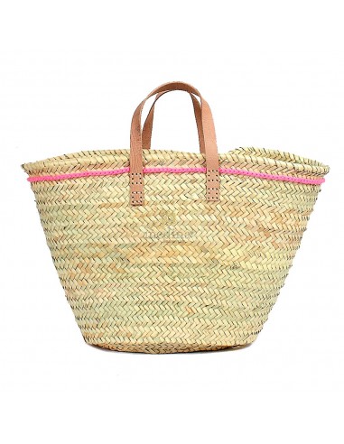 Panier marocain avec poignes plates en cuir naturel et liseret rose sur le flanc