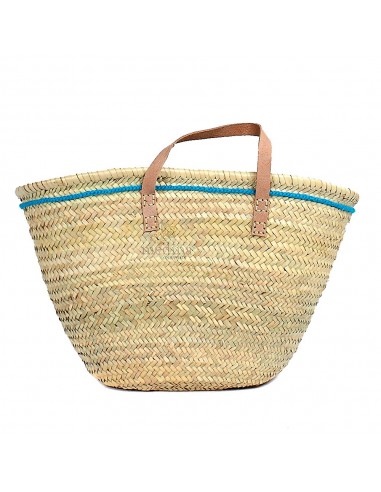 Panier marocain avec poignes plates en cuir naturel et liseret bleu sur le flanc