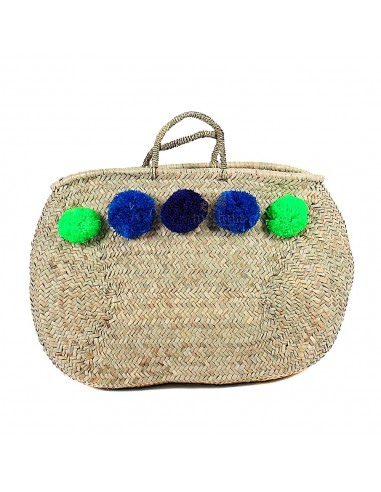 Panier marocain avec poignes fines en corde tresse et pompons vert bleu et noir