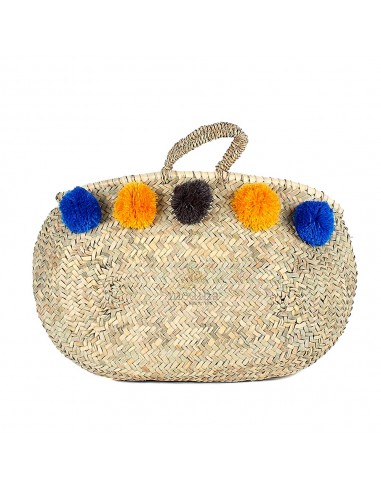 Panier marocain avec poignes fines en corde tresse et pompons bleu orange et noir