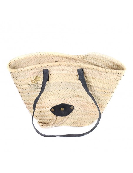 Panier marocain avec grandes poignes plates en cuir noir et fermeture originale