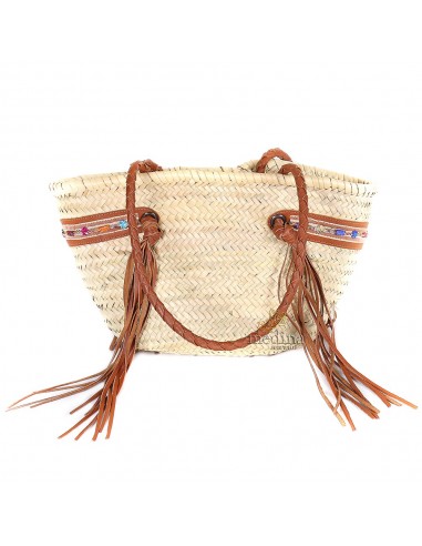 Panier marocain avec grandes poignes tresses en cuir marron