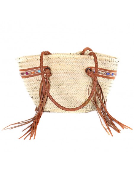 Panier marocain avec grandes poignes tresses en cuir marron