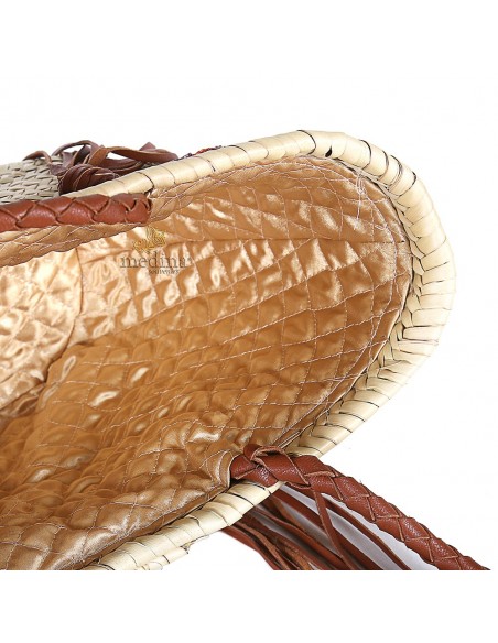 Panier marocain avec grandes poignes tresses en cuir marron