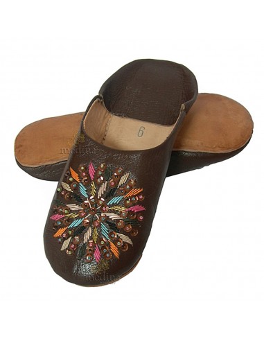 Babouches femme rafia marron en cuir
