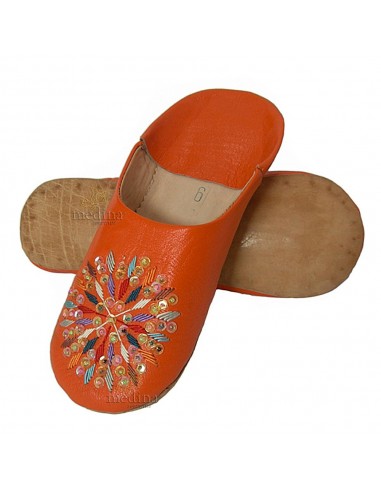 Babouches femme rafia orange en cuir