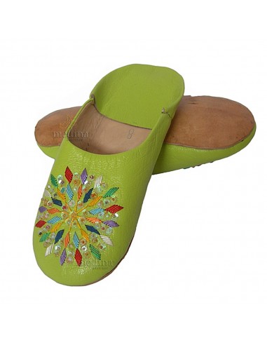 Babouches femme rafia pistache en cuir