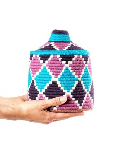 Boite vintage 20 cousue et tisse au fil de laine dans les tons violet rose et turquoise