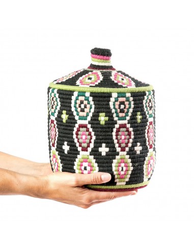 Boite vintage 36 cousue et tisse au fil de laine dans les tons noir avec formes multicolores