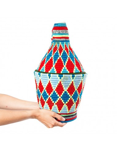 Grande boite vintage 41 cousue et tisse au fil de laine dans les tons rouge bleu et bleuciel