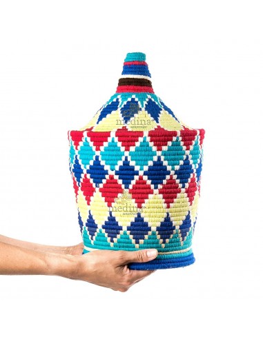 Grande boite vintage 44 cousue et tisse au fil de laine dans les tons bleu rouge et jaune