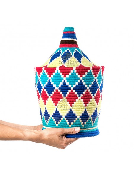 Grande boite vintage 44 cousue et tisse au fil de laine dans les tons bleu rouge et jaune