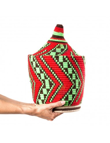 Grande boite vintage 47 cousue et tisse au fil de laine dans les tons rouge marron et vert