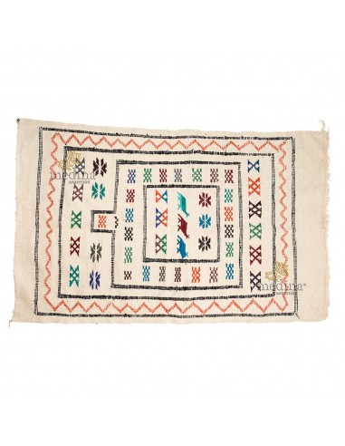 Tapis vintage fait main tapis berbre aux motifs ethniques sur fond couleur perle