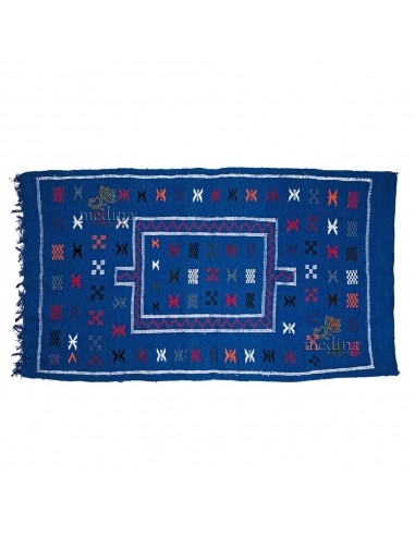 Tapis vintage fait main tapis berbre aux motifs ethniques sur fond marine