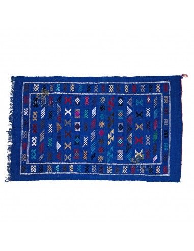Tapis vintage fait main tapis berbre aux motifs ethniques sur fond bleu