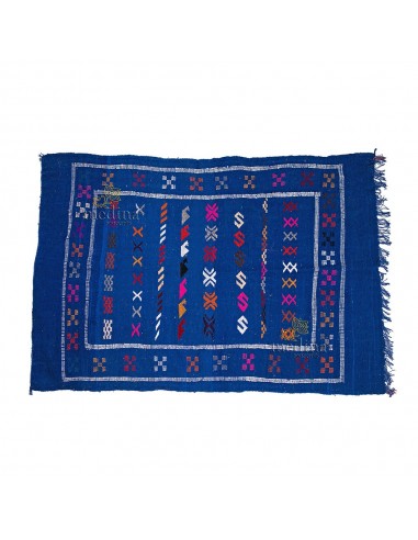 Tapis vintage fait main tapis berbre aux motifs ethniques sur fond bleu royal
