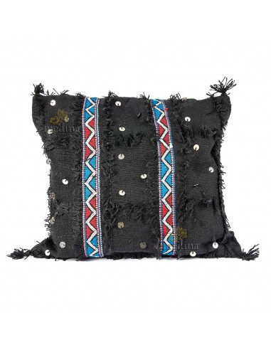 Coussin vintage carr tiss et brod  la main couleur noir