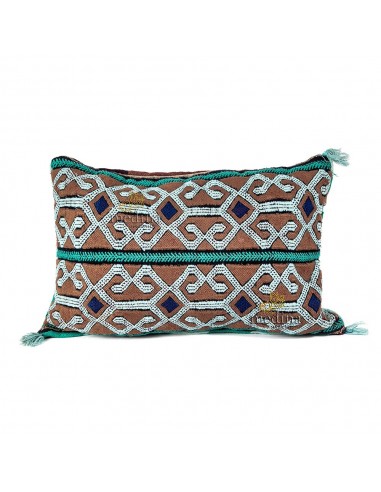 Coussin vintage couleur bleue et marron tiss et brod  la main