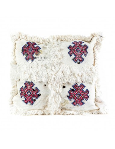 Coussin vintage berbre en laine vierge tiss main blanc motifs roses et rouges