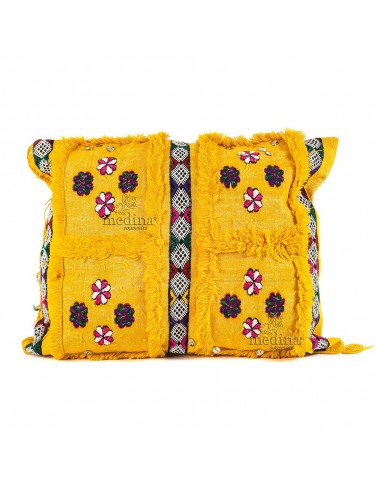 Coussin rectangulaire vintage jaune tiss  la main et broderies multicolores coussin vintage tiss  la main
