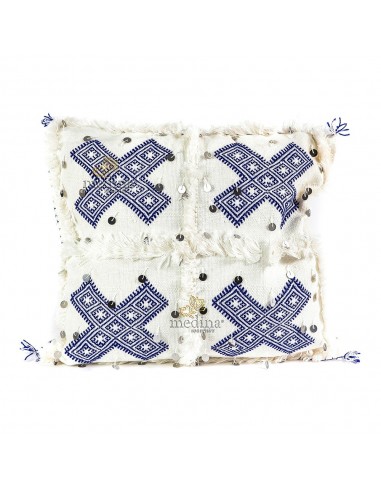 Coussin vintage berbre en laine vierge tiss main blanc motifs bleus