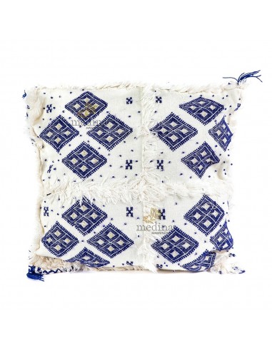 Coussin design berbre en laine vierge tiss main blanc et bleu