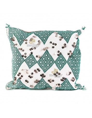 Coussin rectangulaire en kilim brod vert blanc et joliment agrment de belles passementeries argentes