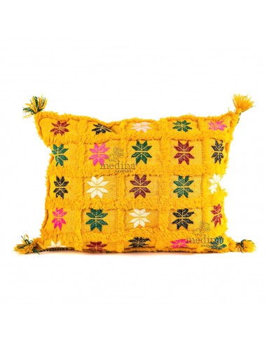 Coussin vintage rectangulaire jaune tiss et brod main avec ses pompons