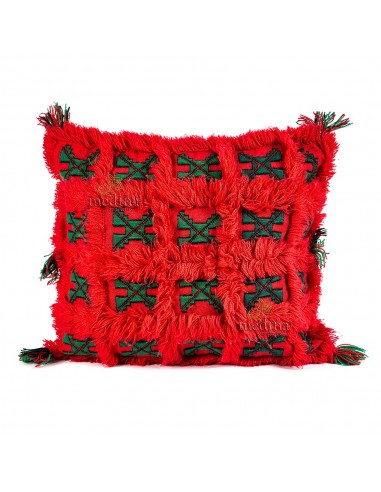 Coussin carr vintage rouge vif et vert tiss et brod main