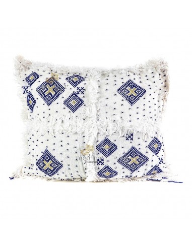Coussin vintage berbre  la laine vierge tiss main blanc motifs asymtriques bleus