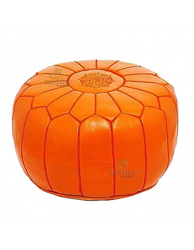 Pouf design cuir marocain orange pouf en cuir veritable fait main