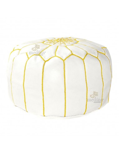 Pouf design cuir marocain Blanc et Or pouf en cuir veritable fait main