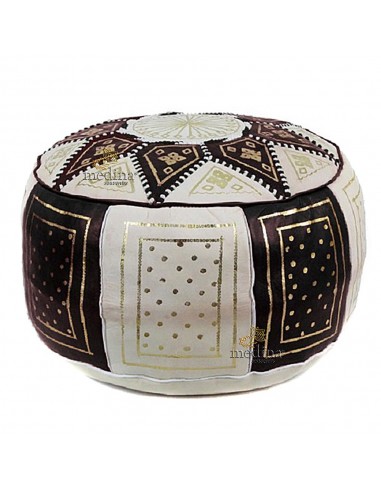 Pouf fassi en cuir Ivoire et Noir...