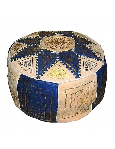 Pouf fassi en cuir Ivoire et bleu...