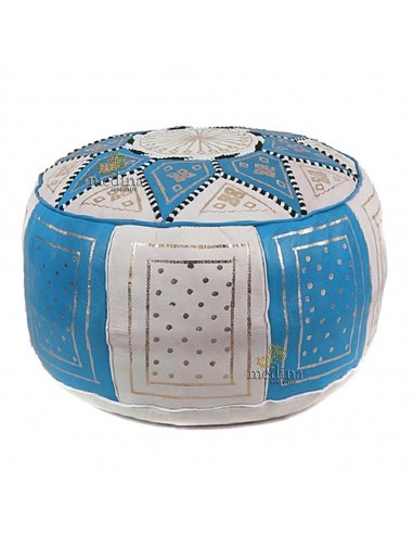 Pouf fassi en cuir Turquoise et blanc...