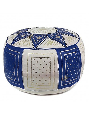 Pouf fassi en cuir Bleu et blanc pouf...
