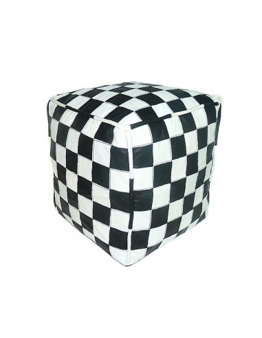 Pouf en cuir carre blanc et noir design carreaux